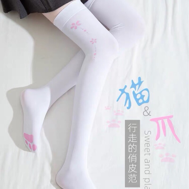 猫の爪の靴下の薄いタイプの女性の春秋の日本のロリータのかわいい足跡の猫は膝の長い筒の白いビロードの靴下を過ぎます。|undefined