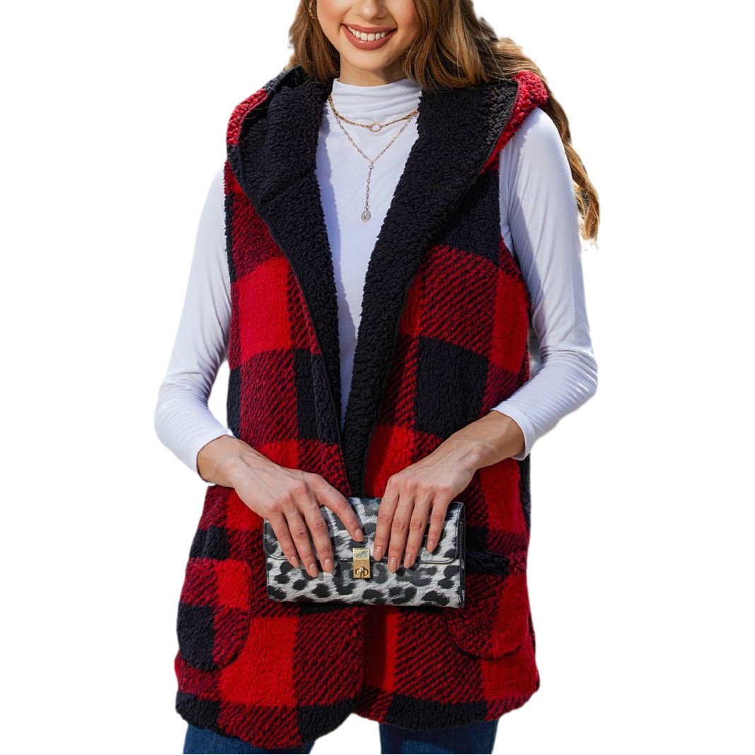 Flash terciopelo transfronterizo europeo y americano otoño ropa de mujer suelta moda con capucha hebilla cardigan Plaid Plush chaleco abrigo para mujeres
