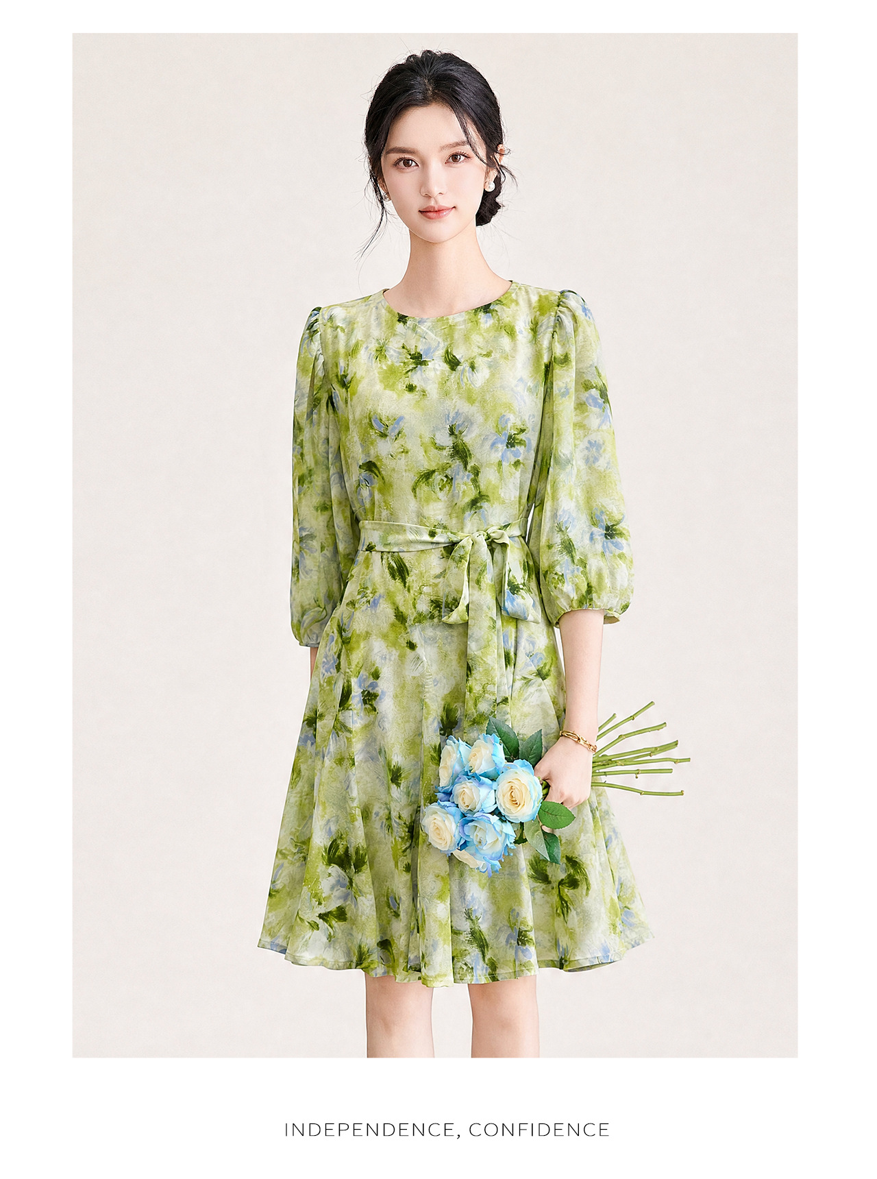 Đầm maxi nữ tay phồng hoa nhí chất liệu voan chiffon — xanh lá cây chi tiết 21