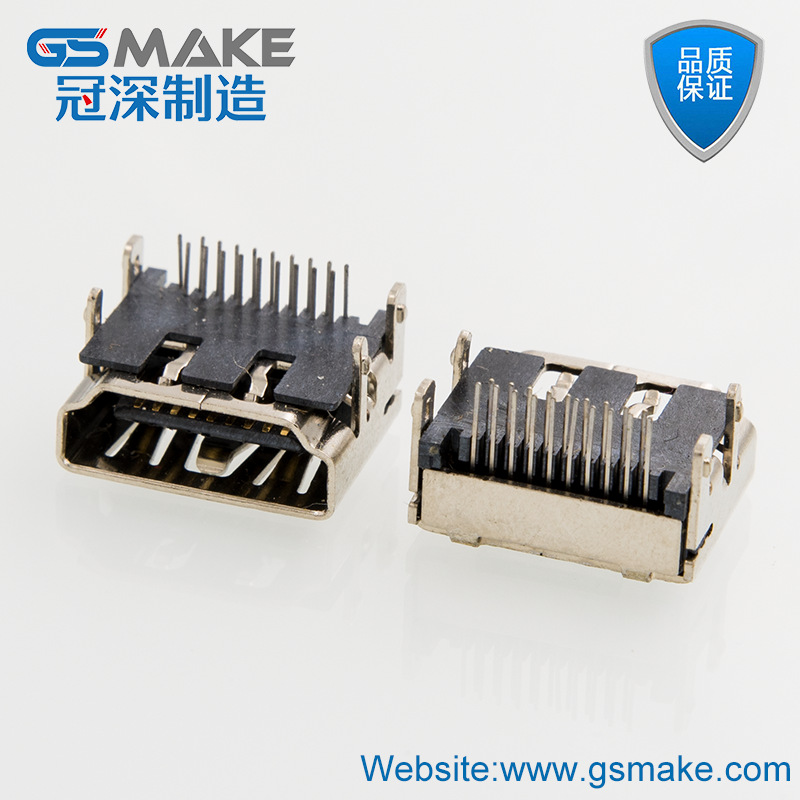 厂家HDMI插座卧式母座19P-4脚双排针插板有弹板上视频高清接口90