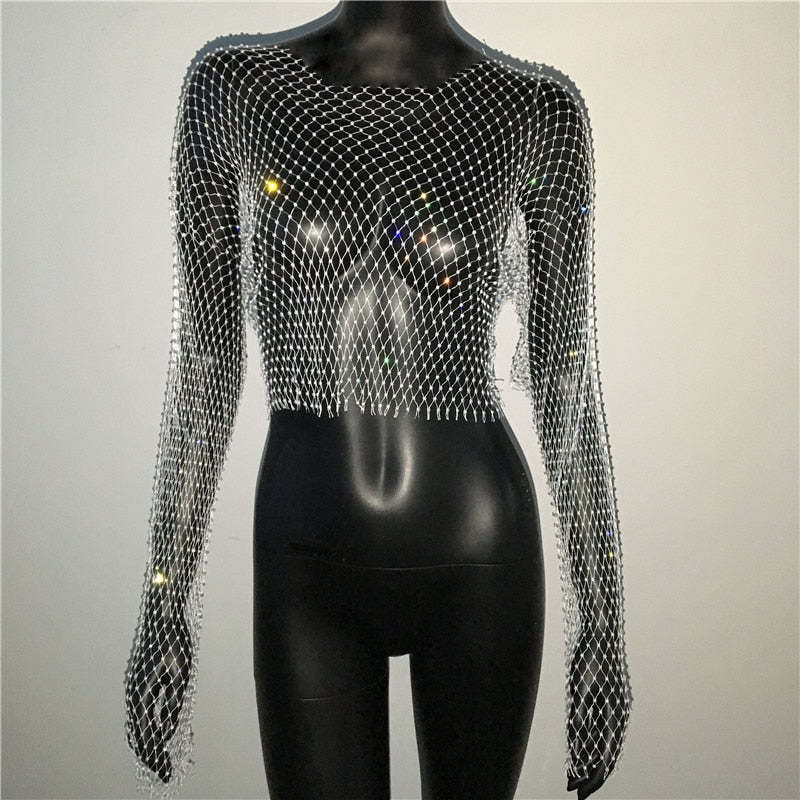 De Europa y América transfronteriza de las mujeres calientes de malla de diamantes de imitación red de pesca de manga larga Sexy Slim rhinestone Top party chica caliente de manga larga
