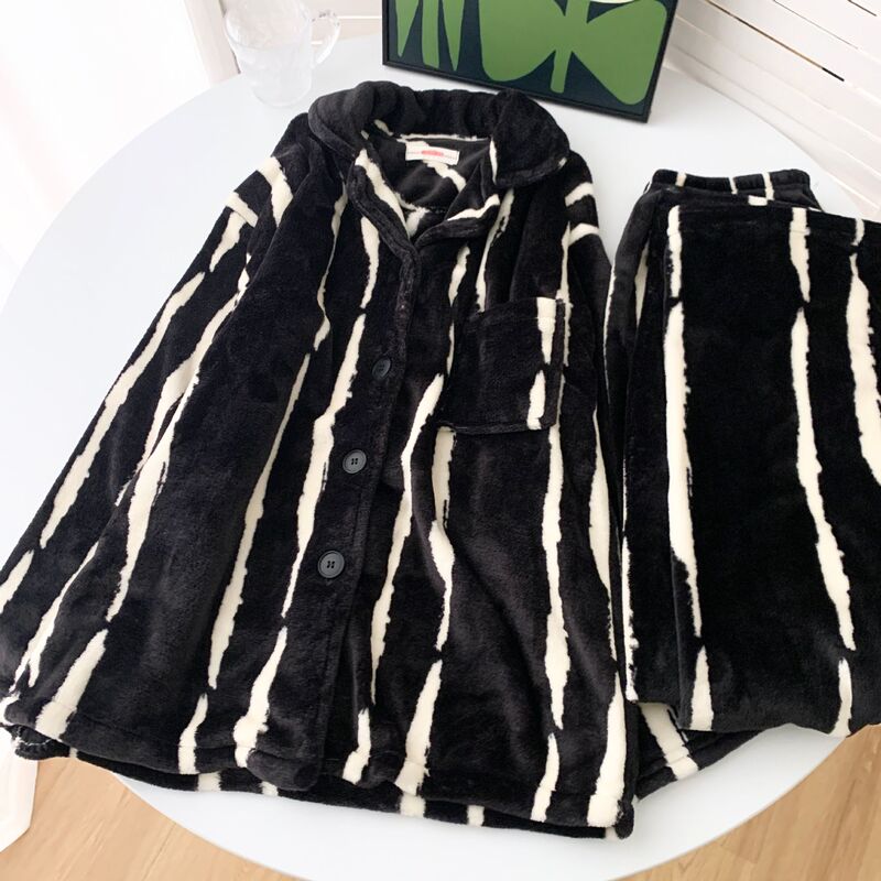 South Korea Ins Striped Pajamas Women's Autumn and Winter Coral Fleece Thickened fleece-lined Couples Home Clothes Two-Piece Men's Flannel Set