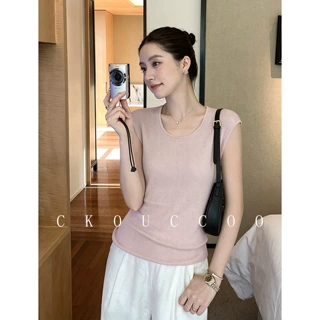荣太韩式温柔风天丝蚕丝针织短袖T恤女纯色无袖圆领减龄百搭背心