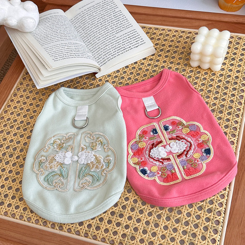 New spring and summer pet Chinese style dog and cat clothes Teddy Bichon Bear New Chinese style embroidery pulling vest