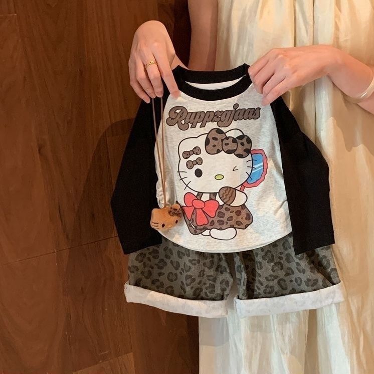 女童秋季洋气套装宝宝拼色长袖上衣豹纹阔腿裤秋两件套潮0090A028|undefined