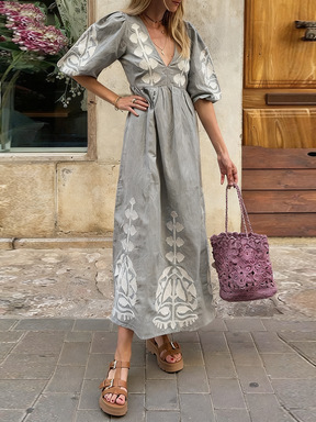 Women's Loose Relaxed Cut-Out Dress With Printed V-Neck Puff Sleeves_ecoleips.com