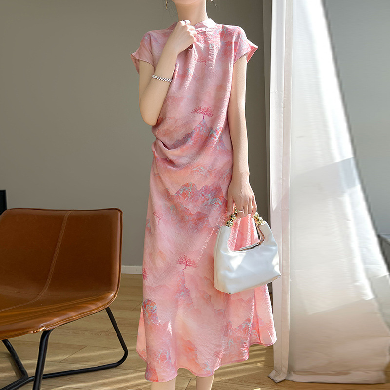 2024 Spring/Summer Women's Retro Slimming Dress, Tencel Cotton New Chinese Style Long Modified Cheongsam_ecoleips.com