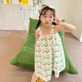 童装小女孩夏天裙子2023夏季韩版女童花朵吊带裙连衣裙送发带Q73
