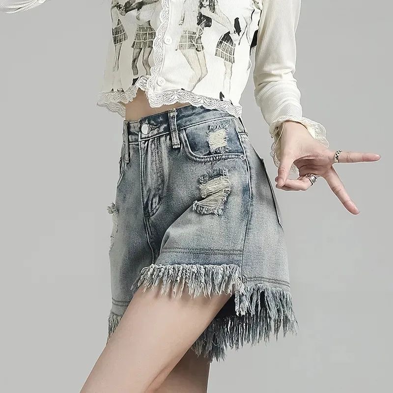 Distressed Fringed Ripped Denim Shorts for Women, Summer High-Waisted, Loose Wide-Leg, Slimming Effect
