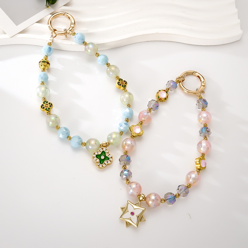 New Style Chinese-Style Light Luxury Colorful Beaded Wrist Phone Charm with Rotatable Alloy Square Flower Bag Charm