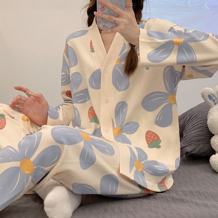 Al por mayor transfronterizo primavera y otoño nuevo cuello en V monje cuello de algodón leche cardigans pijamas de manga larga ropa doméstica de dibujos animados de mujer