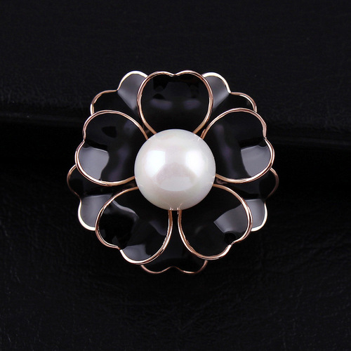 Korean Camellia Pearl Drop Oil Flower Brooch Flower Bold Cardigan Button Pin for Women Western Dress Accessories Shawl Pin