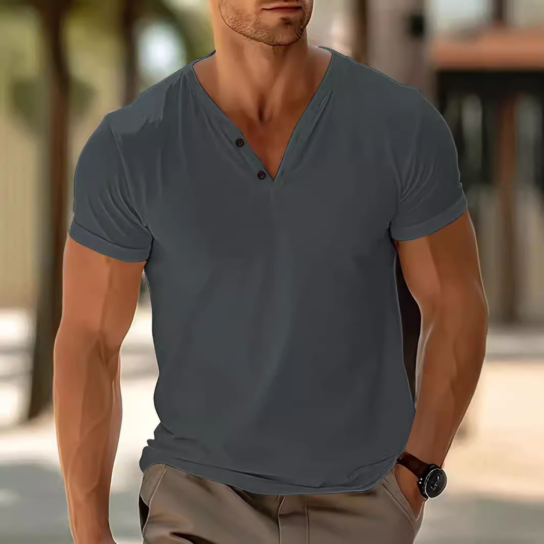 Nuevo TEMU transfronterizo hombre europeo y americano color sólido cuello V transpirable sudor deportivo casual ligero camiseta de manga corta regular