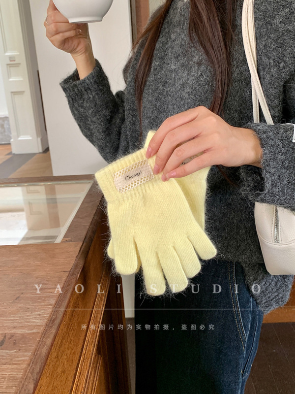 秋冬氛围针织纯色毛线手套含兔毛蕾丝边贴布女保暖露指时尚可触屏|undefined