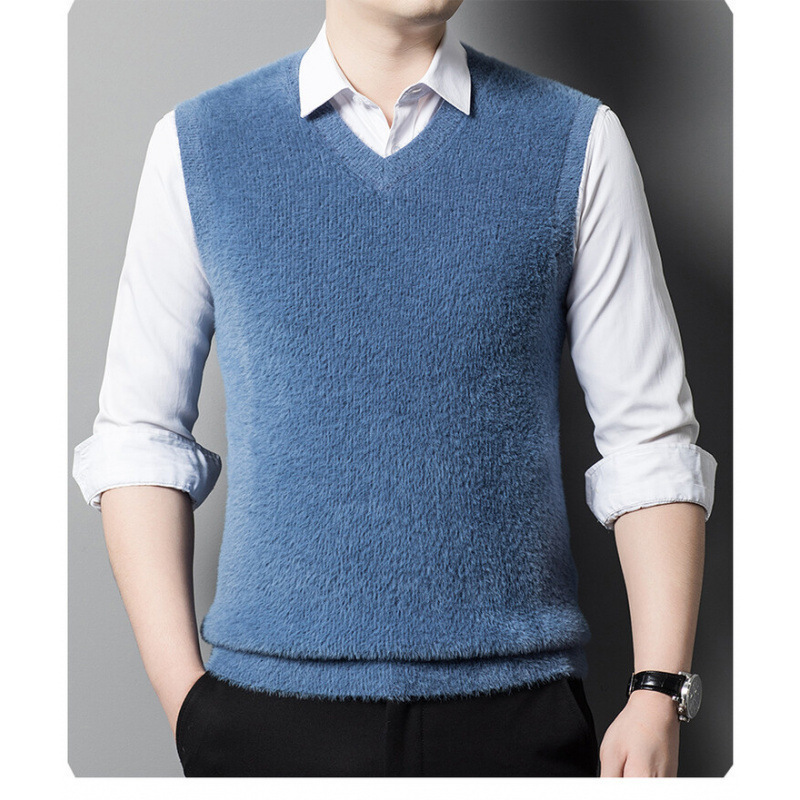 Puyuan Knitted Sweater Men's High-end Fake Imitation Mink Velvet Spring and Autumn Fashion V-neck Sleeveless Vest Live Sweater Explosions