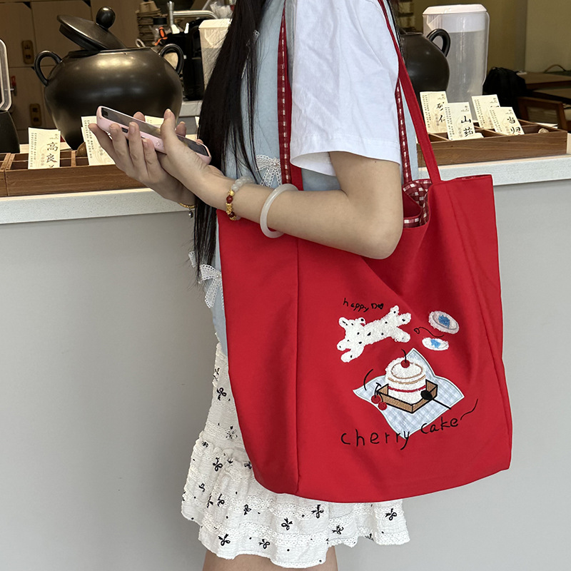 귀여운 일러스트 세로 원숄더  피크닉 강아지 (레드)