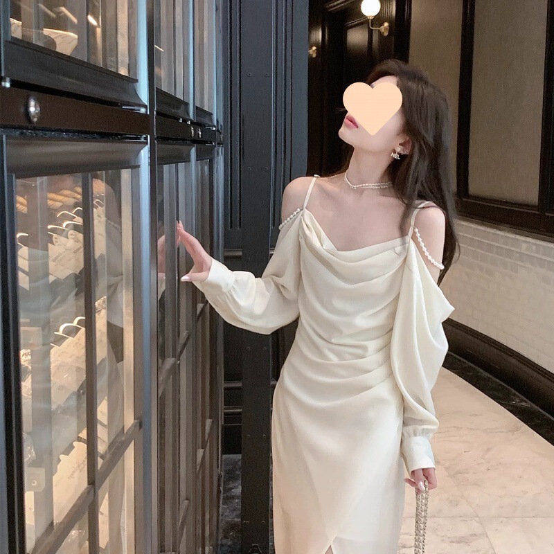 Autumn Demure and Atmospheric Satin apricot Shoulder Collar Sling Sling dress Slim-fit Slimming Split Long Dress Dress