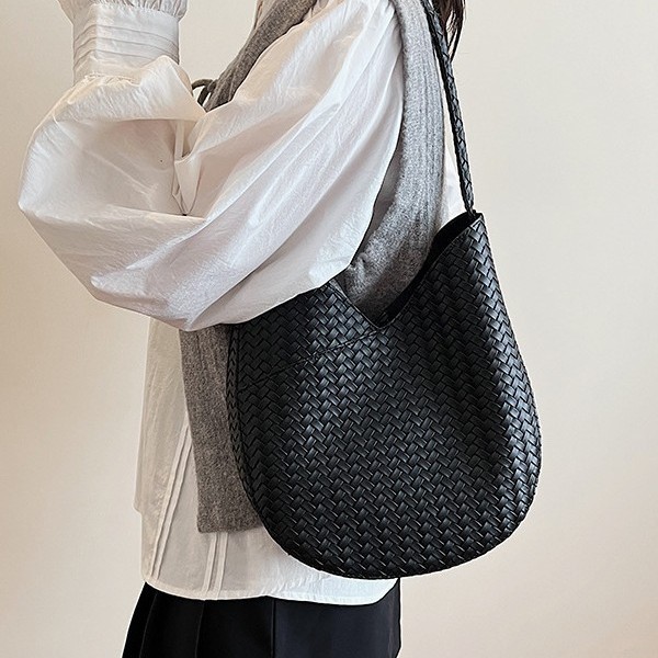 Woven PU Leather Magnetic Snap Shoulder Bucket Bag 4