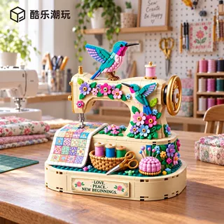 积木定制蜂鸟花艺复古缝纫机小颗粒益智礼品moc创意diy摆件玩具