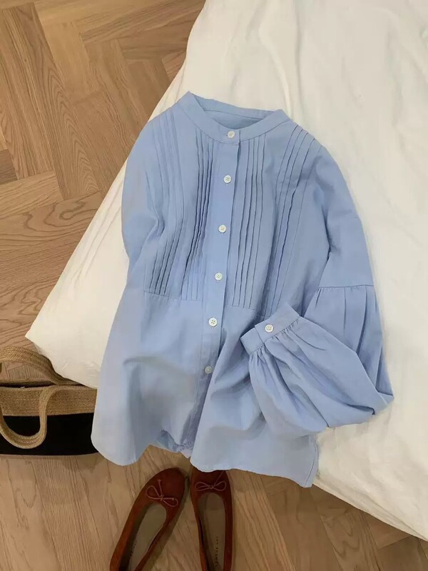 French-Style Lazy Accordion Pleated Shirt for Women, Tuck Pleated Twill Korean Fresh Natural Versatile Long-Sleeve Shirt for Spring