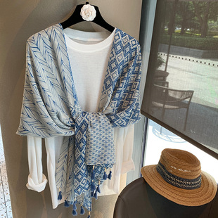 Silk Scarf for Women in Summer Korean Style Versatile Sunshade Cotton and Linen Shawl Dual-Purpose Blue Seaside Travel Photo Sun Protection Gauze Scarf