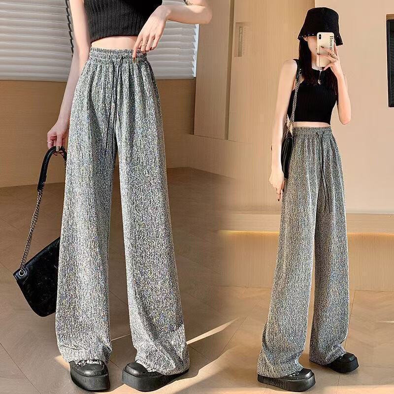 Hotfix Rhinestone Ice Silk Wide-Leg Pants for Women, Summer Thin Style 2026, High-Waisted, Loose Fit, Drapey Texture, Sequined Narrow Straight-Leg Pants