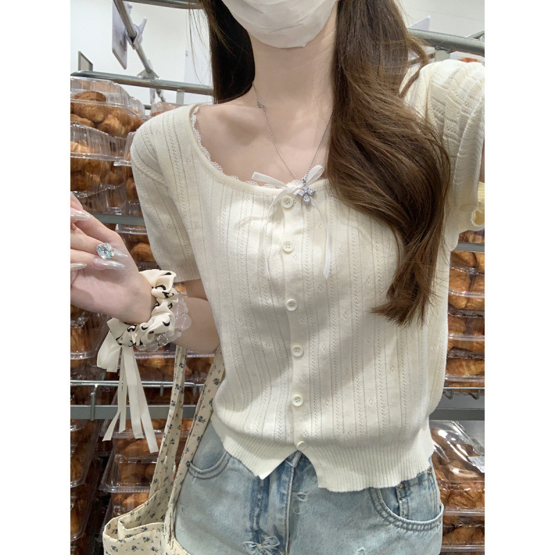 In Stock 2026 Summer Korean Style Pure Sweet and Gentle Square Neck Lace Bow Cardigan Knitwear Short-Sleeved Women's
