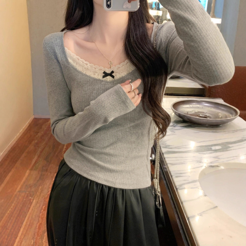 Lace Long-Sleeved T-Shirt for Women, 2025 New Autumn and Winter Style, High-Bottom Slim-Fitting Bottoming Shirt, Beautiful Top for Outer Wear