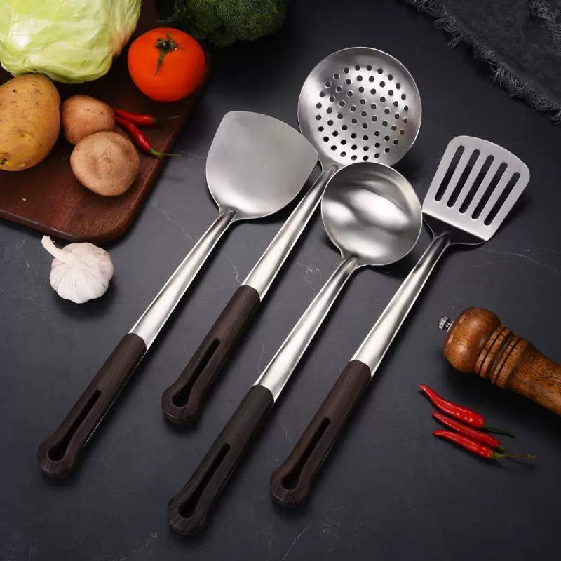 304不锈钢锅铲家用防烫全套厨房厨具套装漏勺煎铲汤勺木纹柄批发