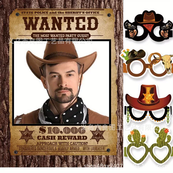 Western Cowboy Party Decoration, Photo Frame, Funny Glasses, Handheld Photo Props Birthday Party