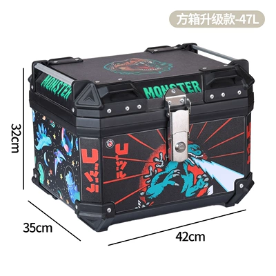 Trunk, Anti-Fall Resistant, Universal for Electric — Motorcycle trunk - monster-sticker-square-box-upgraded-pp-material-47-liters-with-lining-and-backrest