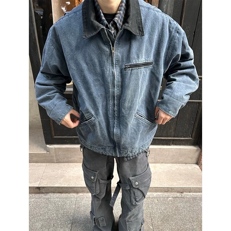 Detroit blue work jacket for men, American style short vintage canvas top, cleanfit lapel trendy brand coat Detroit blue work jacket for men, American style short vintage canvas top, cleanfit lapel trendy brand coat