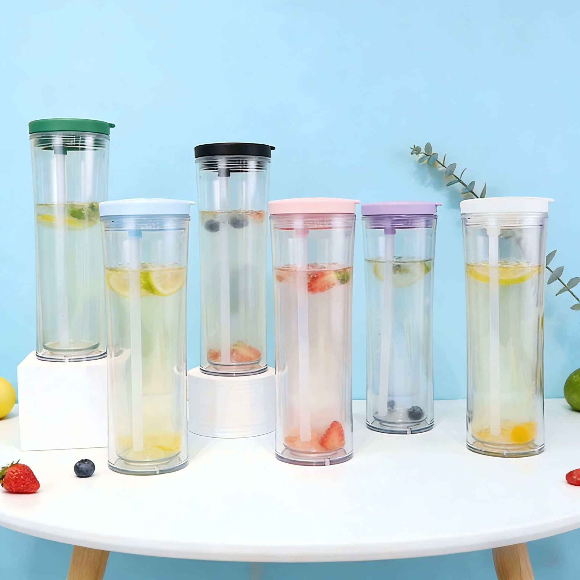 Foreign trade hot new home drinking cup double-layer heat insulation 710ml elastic lid straw cup multi-color straight Cup wholesale