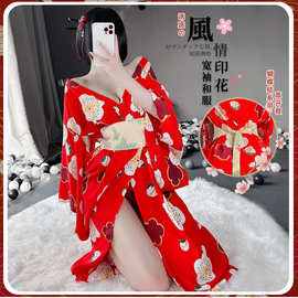 林林婷情趣内衣复古印花和服镂空衣袖性感束腰激情制服诱惑8644