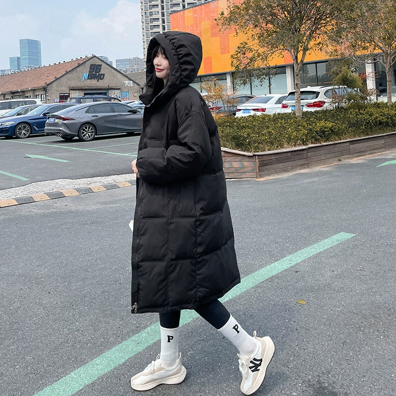 Новая хлопковая пуховая одежда средней длины выше колена с капюшоном, женская зимняя свободная Корейская однотонная утепленная куртка больших размеров