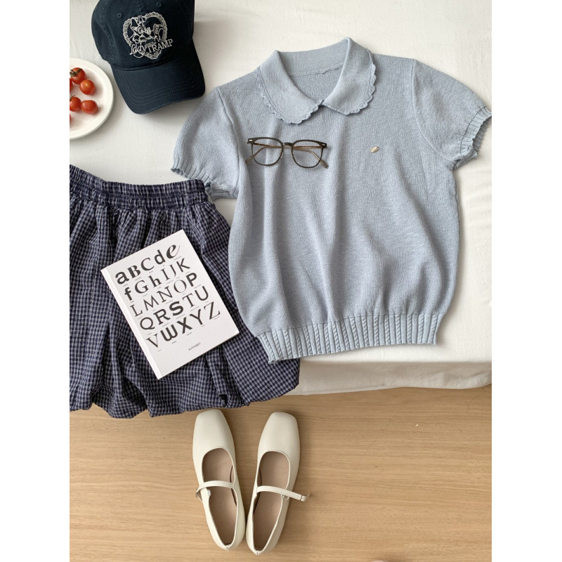 韓国ベビードールカラー半袖Tシャツ夏の新しい甘い年齢を減らす気質ニットセーターレースレーストップ|undefined