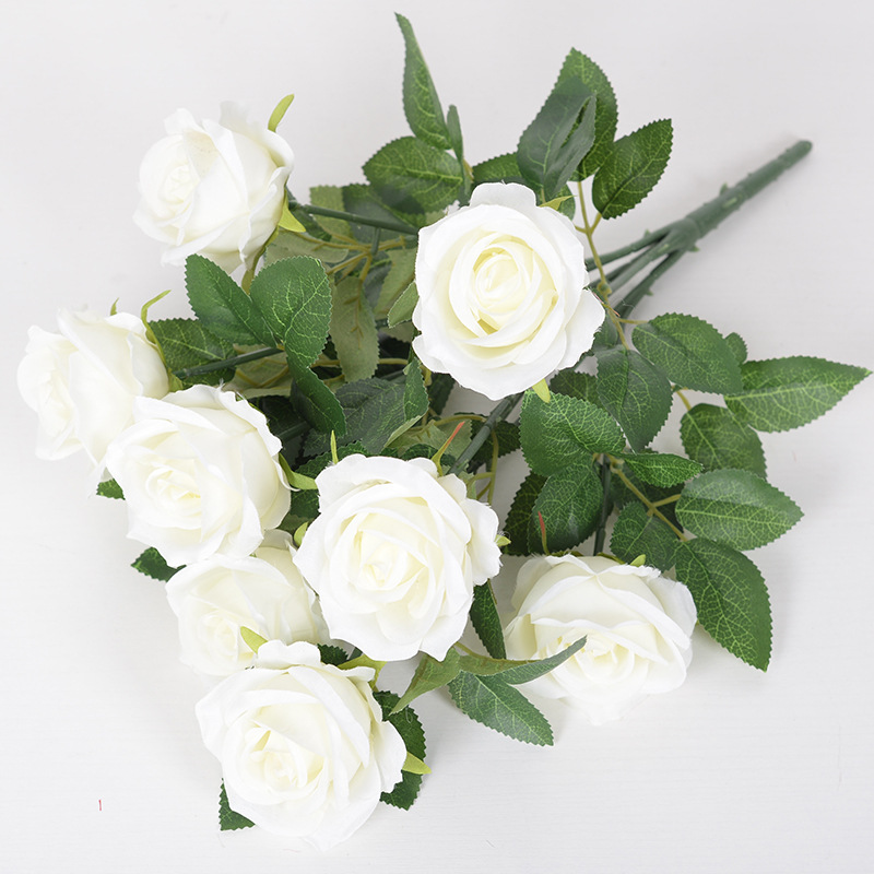9-cabeza Rosa flor artificial ramo hogar Decoración de la boda Rosa artificial pequeña venta al por mayor de París