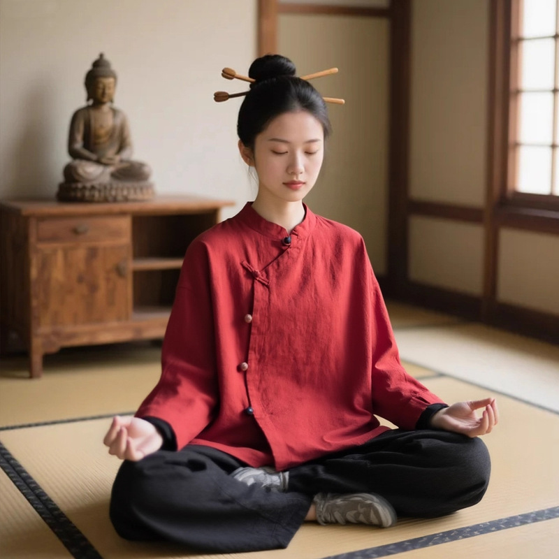 Meditation Zen Clothing Retro Oblique Lapel Buckle Cotton and Linen Zen Clothing Women's Suit Autum Style Layman's Clothing Women's Practice Plain Clothing