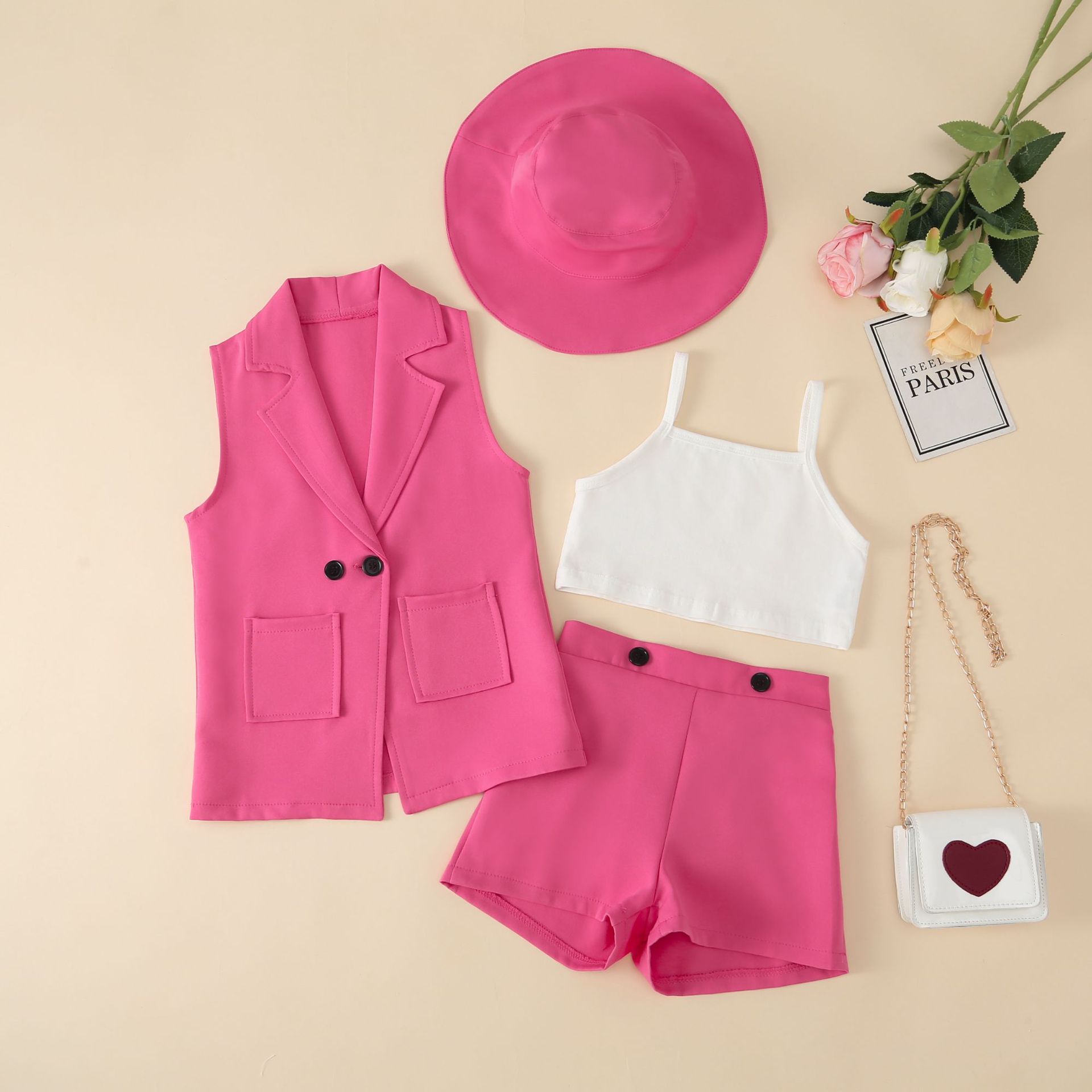 Daily Occasion Turndown Neckline Breathable Function Fashion Solid Color Button Cotton Girls Clothing Sets