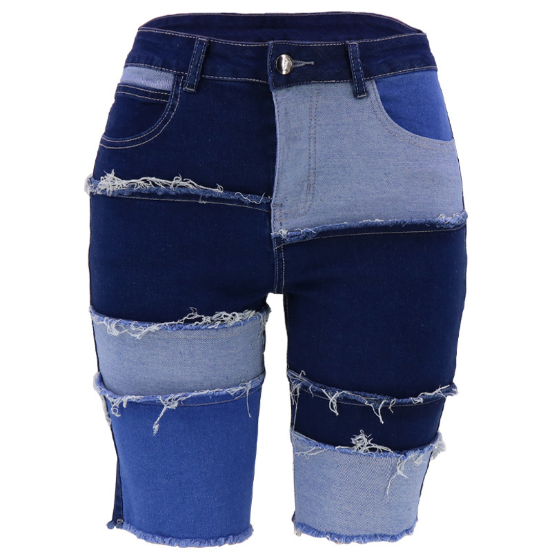 Comercio exterior nueva personalidad transfronteriza moda de cinco puntos Denim pantalones de mujer nuevos pantalones de patchwork de levantamiento de cadera elástica alta 2023 verano de mujer