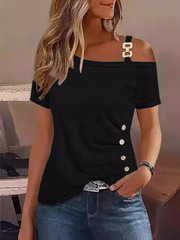 2024 独立したステーション AliExpress Amazon 人気の夏のシンプルな半袖メタルバックルプリントトップ Tシャツ婦人服