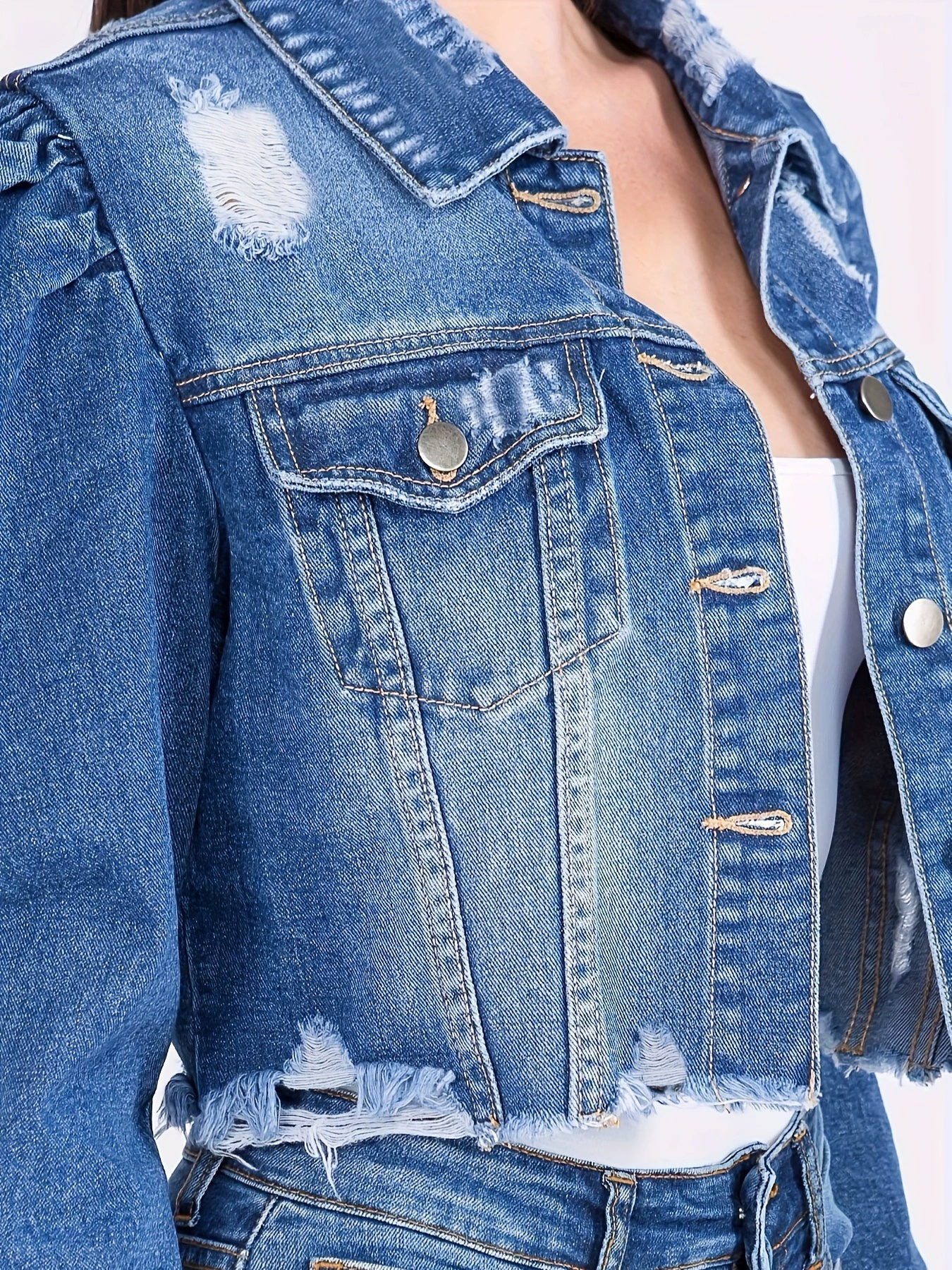 Women's Distressed Blue Denim Jacket with Puff Sleeves -