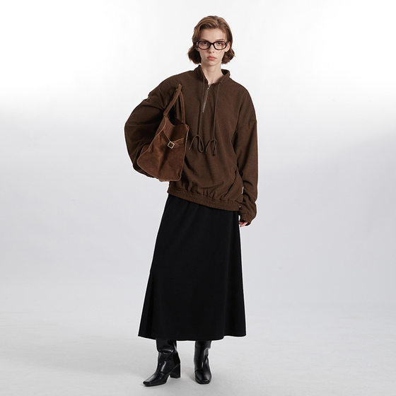 HeyHenry men's stand collar zipper drawstring design loose couple retro autumn and winter sweater versatile fashion brand ins