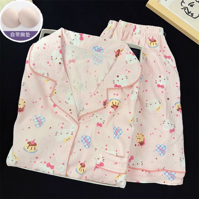 Venta al por mayor transfronteriza con almohadilla para el pecho Nube de algodón nuevo pijama de dibujos animados para mujer lindo pantalones cortos de manga corta rebeca solapa servicio a domicilio