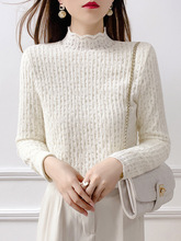 磨毛长袖蕾丝衫高领钩花镂空百搭打底衫单穿 配毛衣2022秋冬兔绒