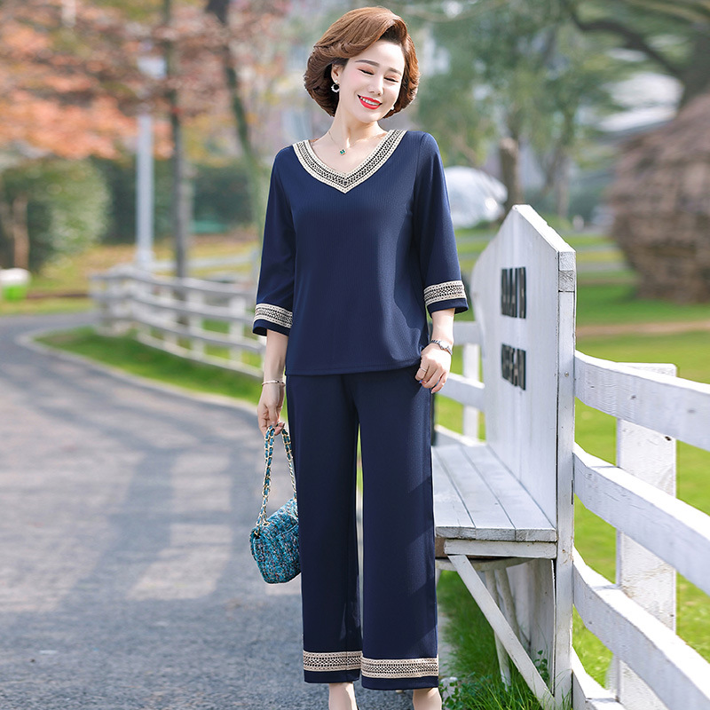【祥】2021新款妈妈春装上衣女雪纺阔腿裤中老年春夏休闲运动套装|ms