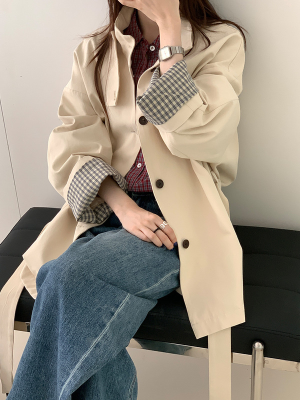 格纹卷边袖口立领风衣女秋季2025新款韩版宽松显瘦百搭中长款外套|undefined