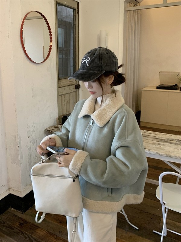 蓝色皮毛一体羊羔毛外套女冬季韩系甜酷炸街小个子短款麂皮绒棉服|undefined