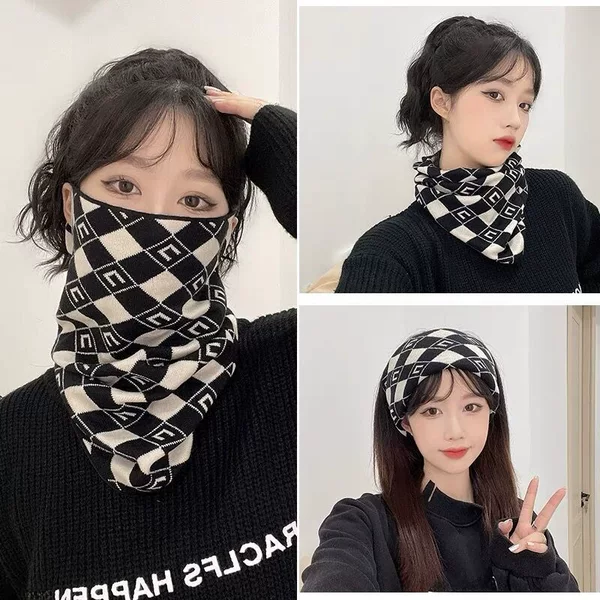 Scarf winter women's Korean-style changeable ear mask warm neck protection chessboard Plaid neck cover all-match scarf thickened mask
