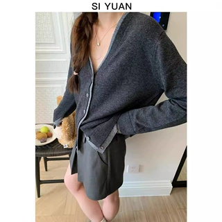 【四媛】九天2024年秋款24秋冬新款MIU系撞色V领学院假两件单排扣